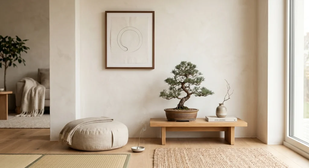 Every japandi scandinavian interior needs a still spot. A bonsai tree on a low stand, a scroll painting, or a meditation corner. Your eyes need a vacation too. Give them one quiet place. Save this for your calm living room