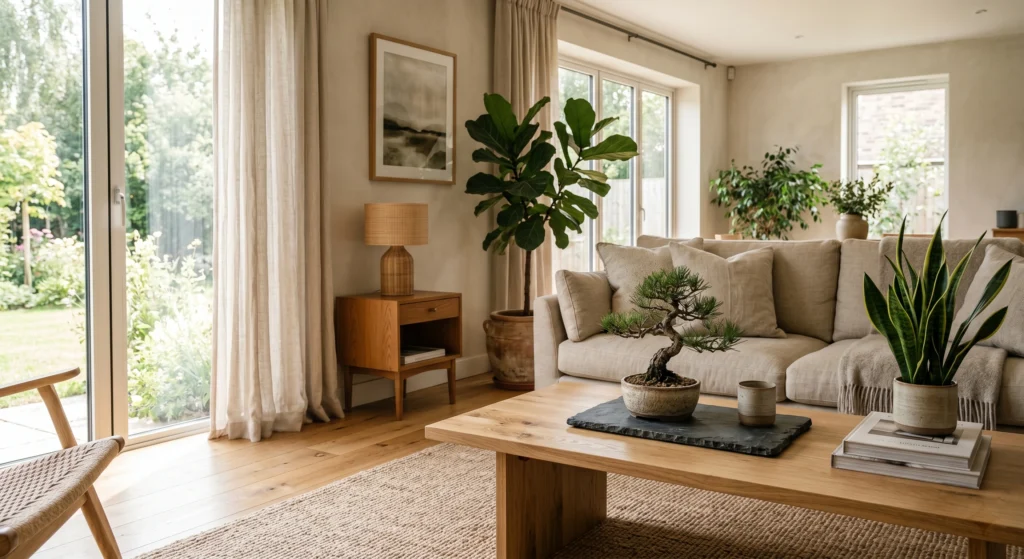 Snake plant, bonsai, wood grain, and slate trays. Japandi living room style celebrates the outdoors. Even in a windowless room, a single plant and wood accent change everything.