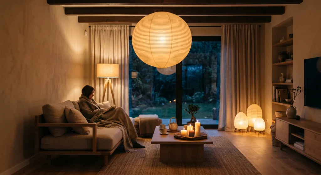 Rice paper lanterns, wooden tripod floor lamps, and warm candles. Lighting is everything in a japandi scandinavian interior. Use 2700K bulbs for a soft, diffused glow. Light through paper is nature's filter.