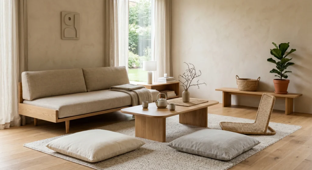 Low-profile sofas, floor cushions, and low wooden benches define japandi living room style. Furniture that sits closer to the floor makes ceilings feel higher. Perfect for small spaces.