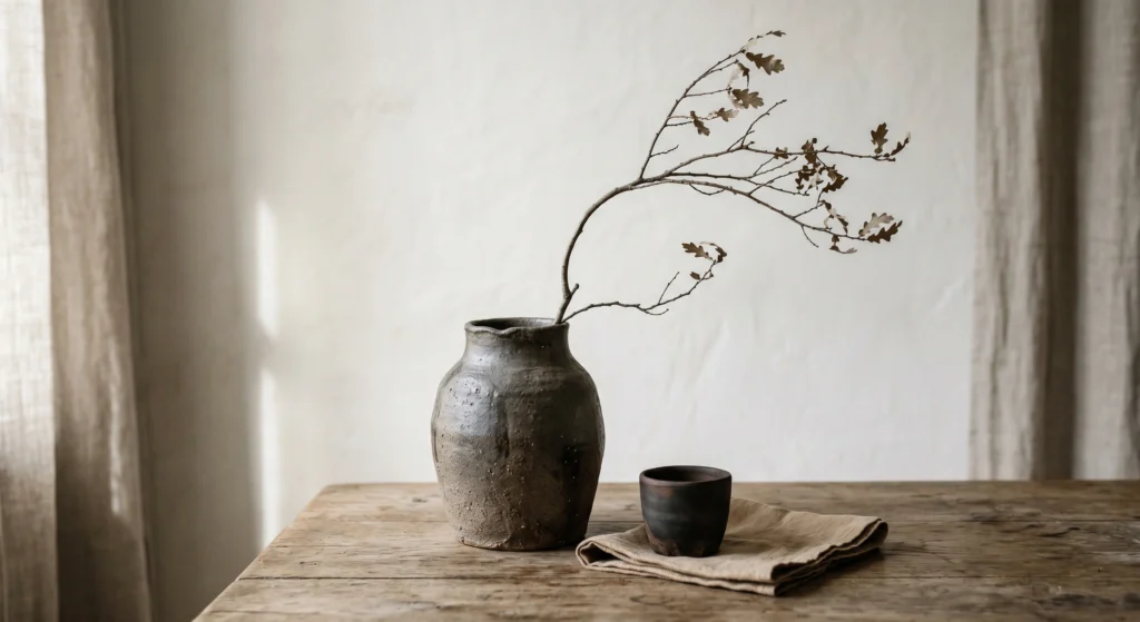 Wabi-sabi meets Nordic simplicity. In japandi living room design, imperfect is beautiful. Use handmade ceramics, odd-numbered arrangements, and single branches. Perfection is boring.