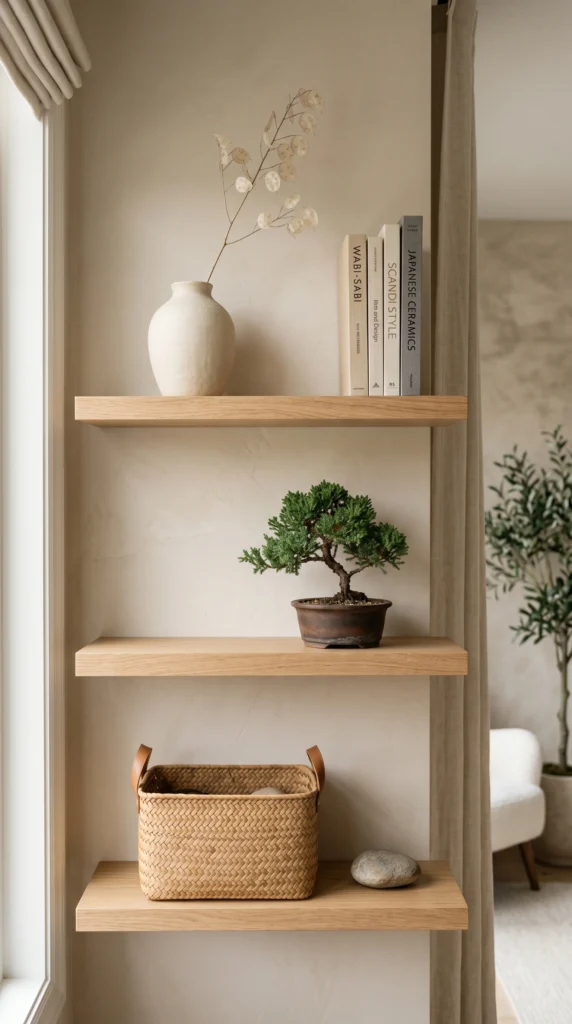 Leave 30% of your shelves empty. One vase, not ten. Use woven baskets and sliding doors for hidden storage. Scandinavian living room style and Japanese minimalism agree: empty space is breathing room
