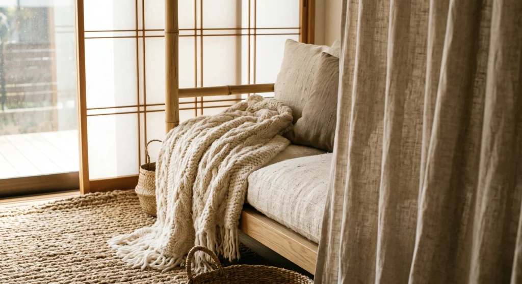 Combine wool, linen, rice paper, and jute for a rich, tactile japandi scandinavian interior. A jute rug, linen curtains, and hemp cushions add warmth without clutter. No synthetics. Just pure, natural comfort.