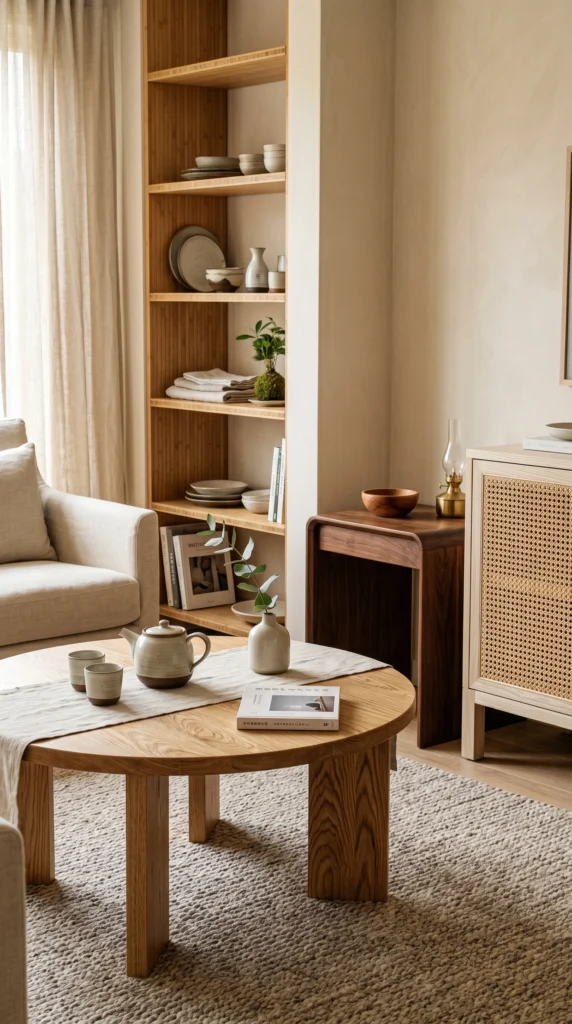 Blend light ash and oak with walnut and bamboo. In a japandi scandinavian interior, mixed wood tones create depth. Try an oak coffee table with a rattan cabinet. Let wood be the bridge between Nordic and Japanese soul.