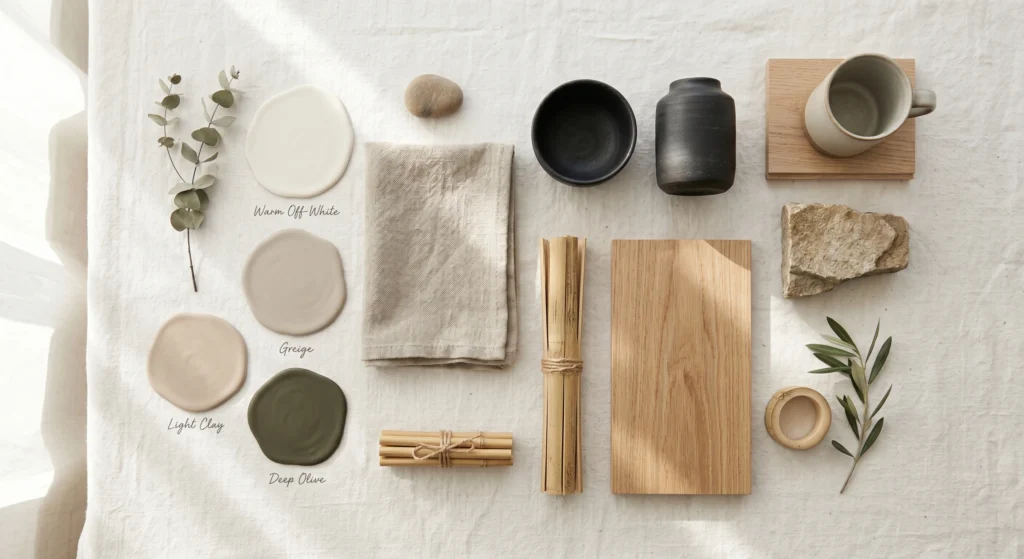 Japandi living room design starts with warm beiges, soft greiges, and deep olive. Walls in off-white, flooring in light oak or bamboo. This neutral base makes your japandi scandinavian interior feel calm and peaceful.