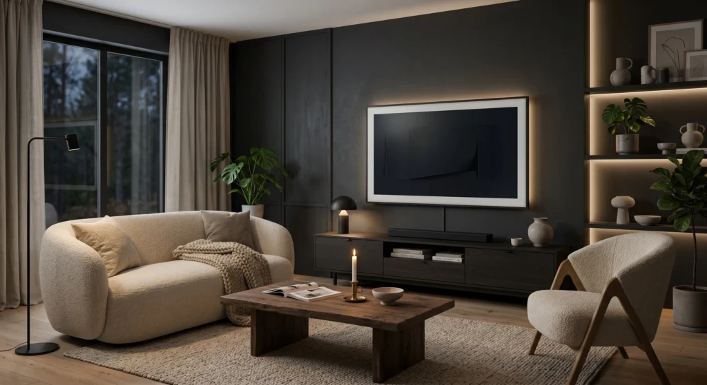 Beautiful Scandinavian living room layout featuring a television tucked into a stylish corner media unit. The main wall remains dedicated to artwork, oversized windows, or a fireplace. Cozy seating, warm oak furniture, and Nordic minimalism keep the focus on conversation and comfort.
