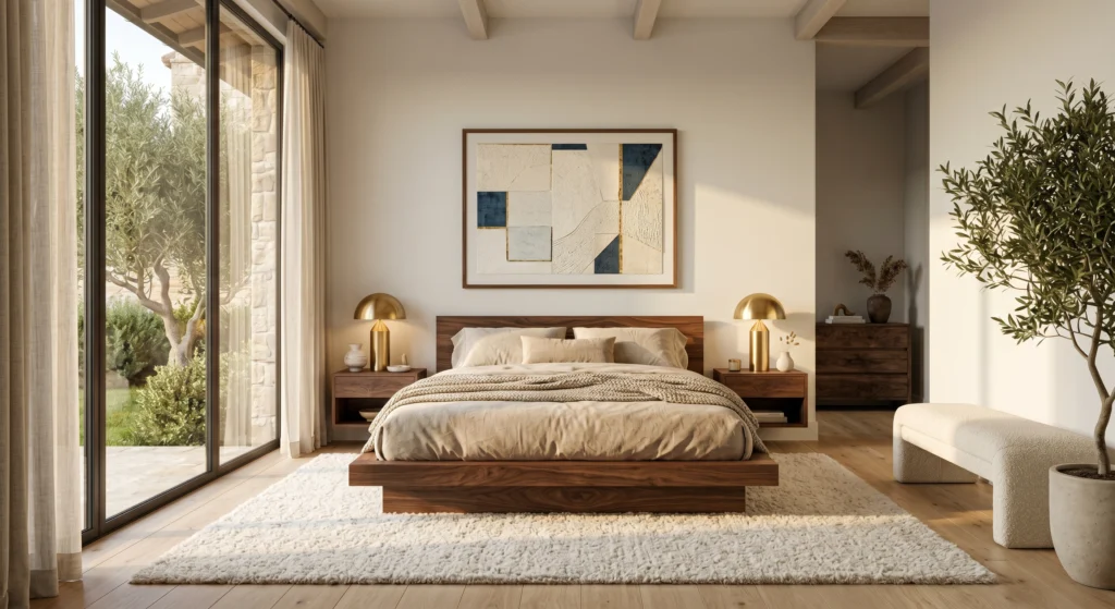 A luxury Scandinavian bedroom featuring warm white walls, soft beige accents, a muted sage green feature wall, cream linen bedding, oversized oak-framed abstract artwork, terracotta decor, handcrafted ceramics, natural oak furniture, and soft golden sunlight creating a calming retreat.