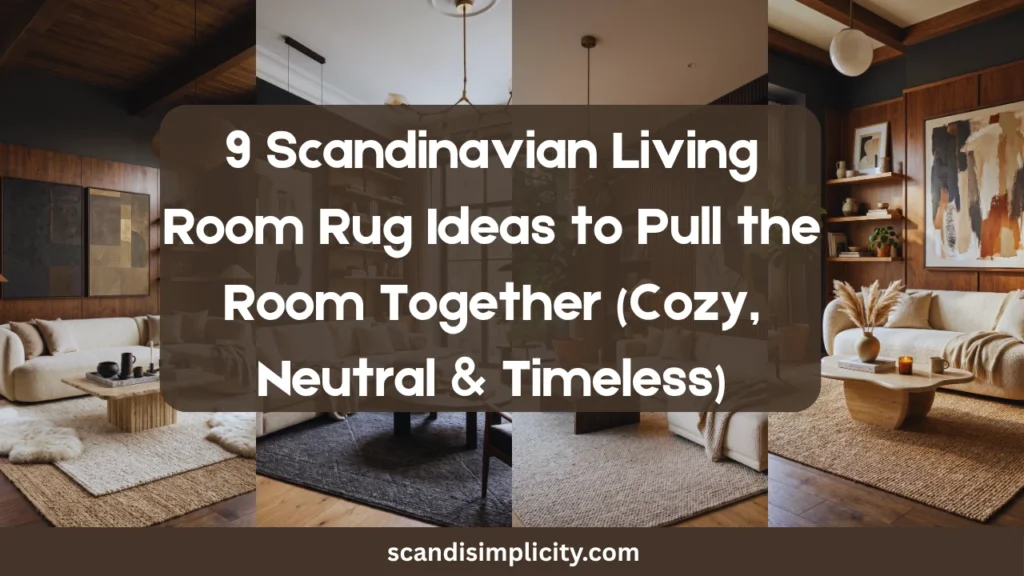 Scandinavian living room rug ideas to pull the room together – from jute to wool, layering to sizing. Create a cozy, cohesive Nordic space. Save this for your home makeover.