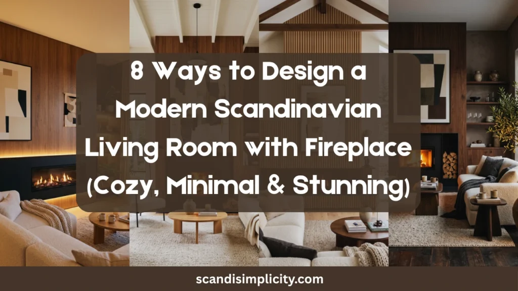 Modern Scandinavian living room with fireplace – 8 sleek, cozy designs. From low-profile hearths to wood-wrapped surrounds. Save this for your dream home.