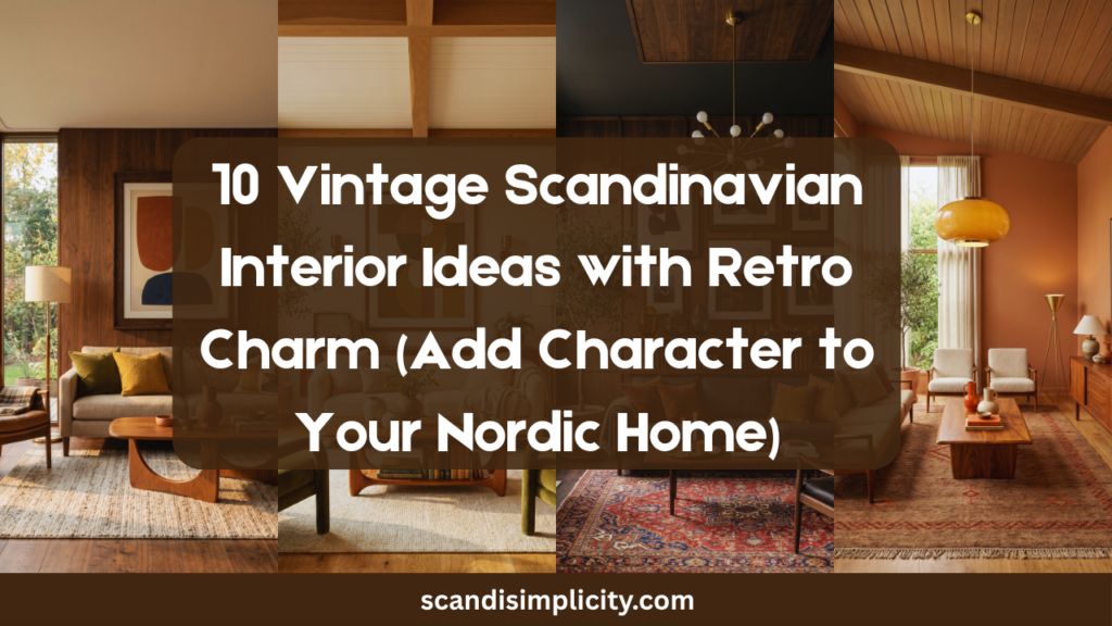 Luxury vintage Scandinavian interior featuring warm retro colors, teak and walnut furniture, oversized retro wall art, opal glass pendant lights, iconic Wishbone chairs, faded Persian rugs, Murano glass vases, tripod floor lamps, vintage wall clocks, colorful retro books and magazines, visible natural wood grain, brass accents, warm beige textiles, indoor olive tree, floor-to-ceiling windows, abundant natural sunlight, cozy hygge atmosphere, mid-century Scandinavian decor, Architectural Digest style, Pinterest-worthy home inspiration, ultra-realistic editorial photography, full room view.