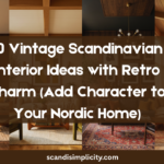 Luxury vintage Scandinavian interior featuring warm retro colors, teak and walnut furniture, oversized retro wall art, opal glass pendant lights, iconic Wishbone chairs, faded Persian rugs, Murano glass vases, tripod floor lamps, vintage wall clocks, colorful retro books and magazines, visible natural wood grain, brass accents, warm beige textiles, indoor olive tree, floor-to-ceiling windows, abundant natural sunlight, cozy hygge atmosphere, mid-century Scandinavian decor, Architectural Digest style, Pinterest-worthy home inspiration, ultra-realistic editorial photography, full room view.