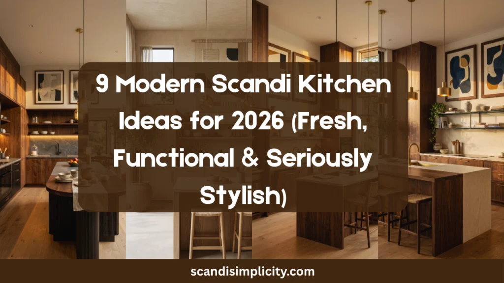 Luxury modern Scandi kitchen for 2026, full room view, warm light oak cabinets with visible natural wood grain, quartz waterfall island, oversized statement wall art in premium oak frames, integrated appliances, black metal open shelving, white ceramic dishes, artisan pottery, designer books, brushed brass hardware, matte black faucet, statement zellige tile backsplash, opal glass pendant lights, white oak flooring, indoor olive tree, floor-to-ceiling windows with sheer linen curtains, abundant golden-hour sunlight, cozy hygge atmosphere, luxury Nordic interior, contemporary Scandinavian kitchen design, Architectural Digest style, Pinterest-worthy home inspiration, premium wood finishes, ultra-realistic editorial photography, no people, 8K detail.