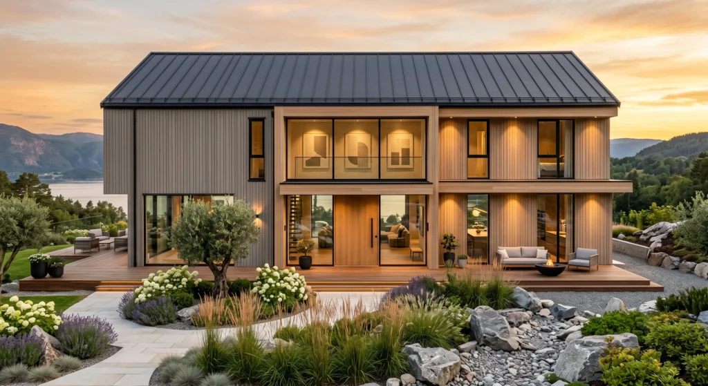 A contemporary Scandinavian home with warm dove gray timber cladding, crisp white trim, cedar wood accents, oversized windows, matte charcoal roof, beautifully landscaped Nordic gardens, and soft golden-hour lighting highlighting the calm architectural design.
