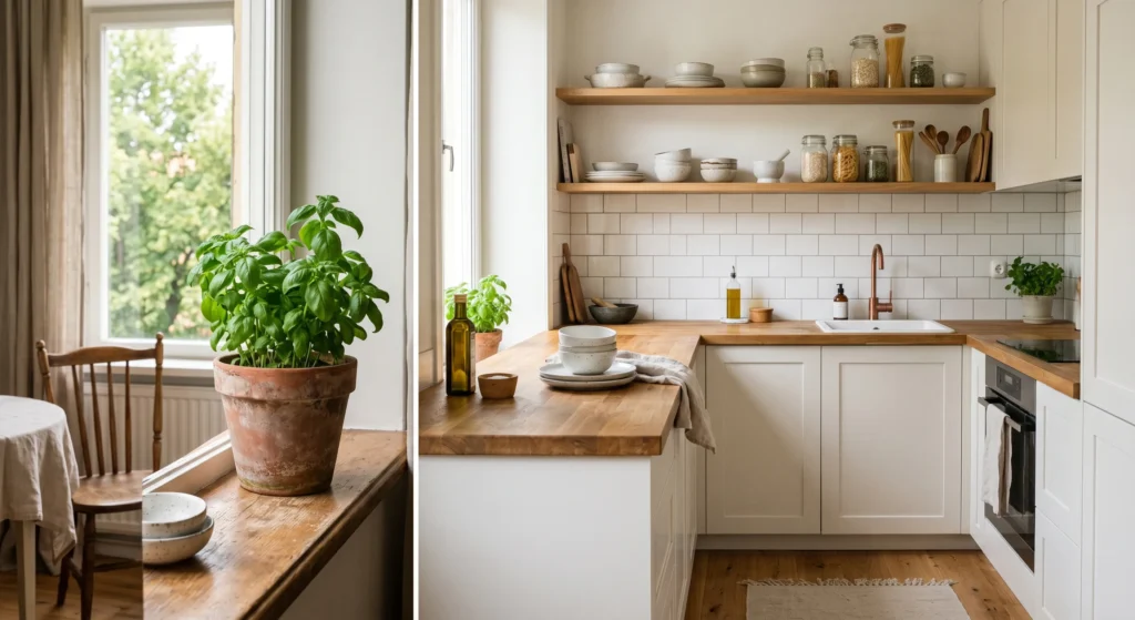 Even the smallest Scandinavian kitchen benefits from a touch of greenery. A simple basil plant, rosemary pot, or trailing pothos adds freshness, color, and natural beauty. These tiny details bring life to your space while enhancing the cozy Nordic atmosphere everyone loves.