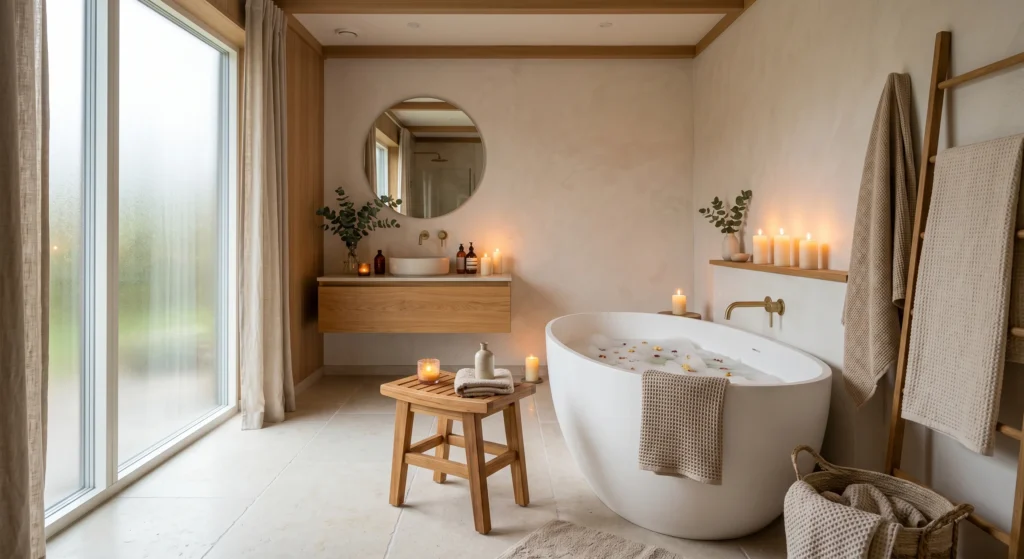 Transform your bathroom into a true Scandinavian spa retreat with a small wooden stool or teak bench paired with soft candlelight. This simple addition creates a cozy place to unwind, bringing warmth, comfort, and timeless Nordic charm to the space.