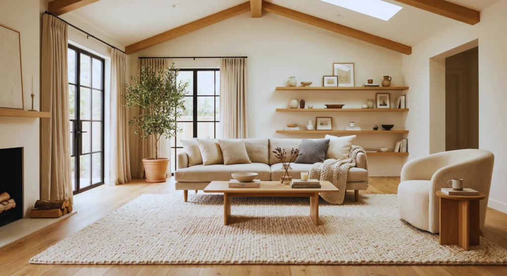 Layer warmth and texture into your home with a chunky wool or natural jute rug. This cozy Scandinavian living room essential softens hardwood floors and creates the perfect hygge-inspired space that's both stylish and inviting.
