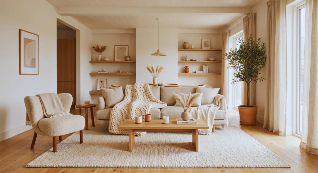 Nothing says hygge quite like a chunky knit throw blanket draped over a neutral sofa. Add instant warmth, texture, and comfort with this must-have Scandinavian living room essential.