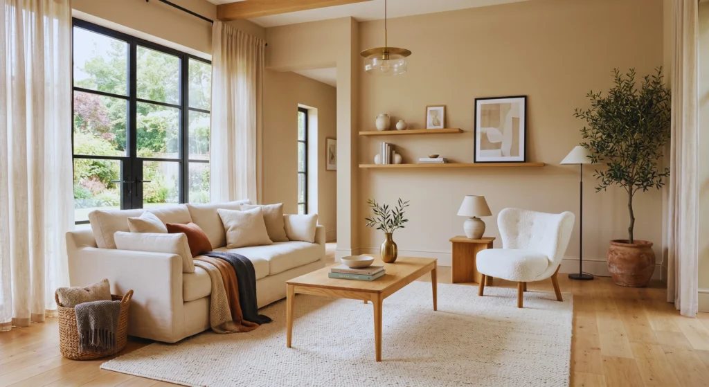 A light oak coffee table is one of the most important Scandi Style Living Room Essentials for a Modern Home (Cozy, Minimal & Effortlessly Cool). Natural wood grain, tapered legs, and clean lines create a bright, airy living room that feels timeless, warm, and effortlessly Scandinavian.