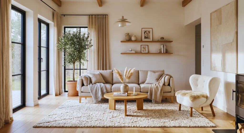 A low-profile linen sofa in warm beige or oatmeal tones instantly creates a cozy Nordic atmosphere. This Scandinavian living room essential makes any space feel larger, brighter, and more relaxing while embracing modern minimalist style.