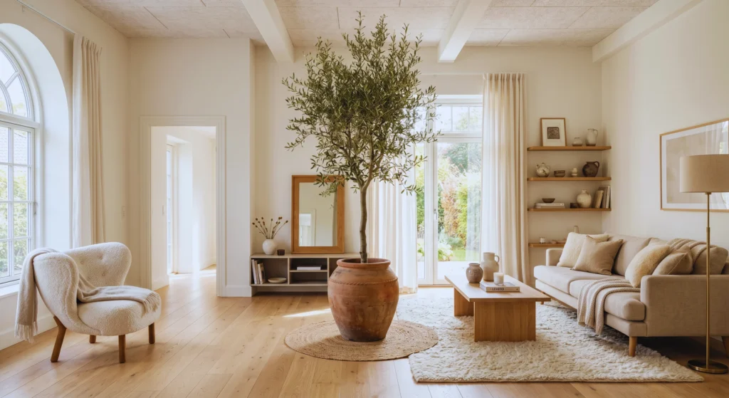 Bring life into your living room with an olive tree, fiddle leaf fig, or snake plant. Greenery is one of the easiest ways to elevate your Scandinavian living room while keeping the space calm, fresh, and naturally beautiful.