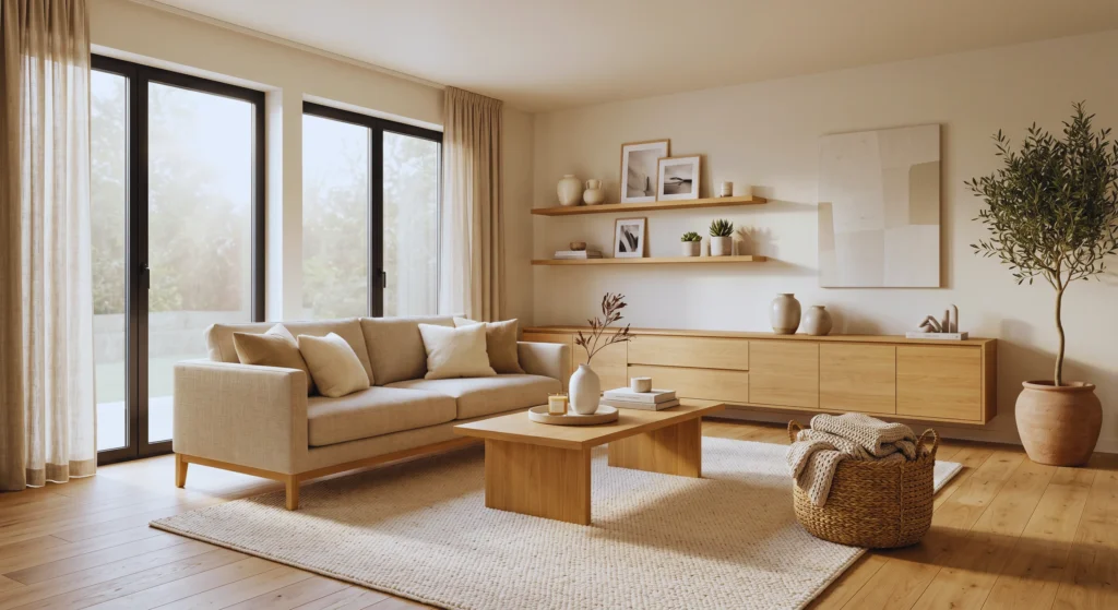 The secret behind every beautiful Scandinavian living room is hidden storage. Woven baskets, oak sideboards, and simple coffee table trays keep clutter out of sight while maintaining a cozy, minimalist atmosphere.