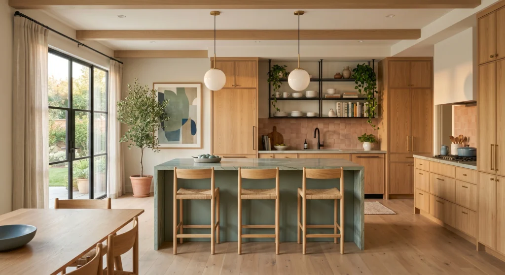 Luxury modern Scandi kitchen with warm oak cabinets, a sage green island, terracotta zellige tile backsplash, dusty blue ceramic accessories, oversized wall art in oak frames, quartz countertops, artisan pottery, and bright floor-to-ceiling windows creating a fresh Nordic atmosphere.