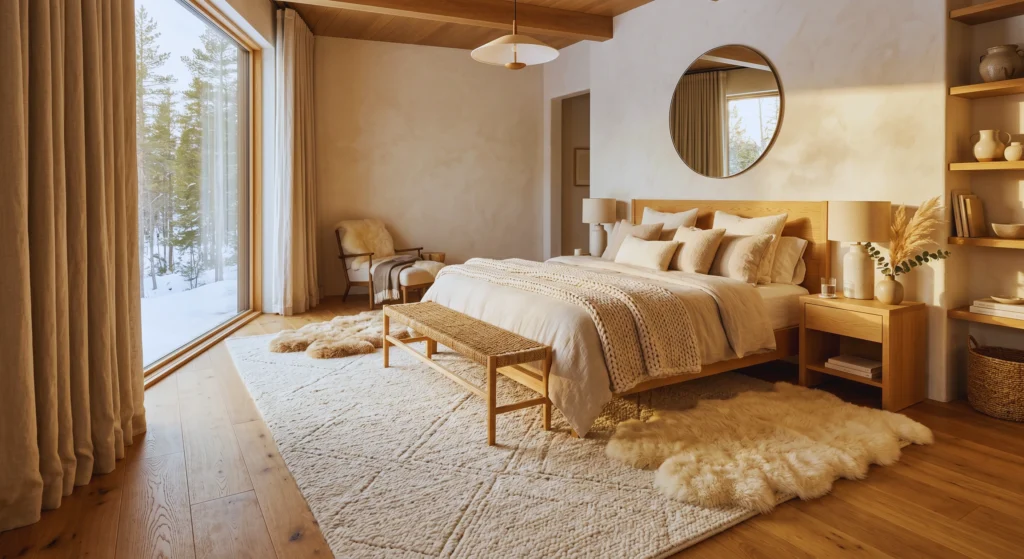 Layering rugs is one of the easiest ways to create warmth and comfort in a Scandinavian bedroom. Soft wool rugs, sheepskin accents, and neutral runners add texture, luxury, and cozy hygge vibes from the ground up.