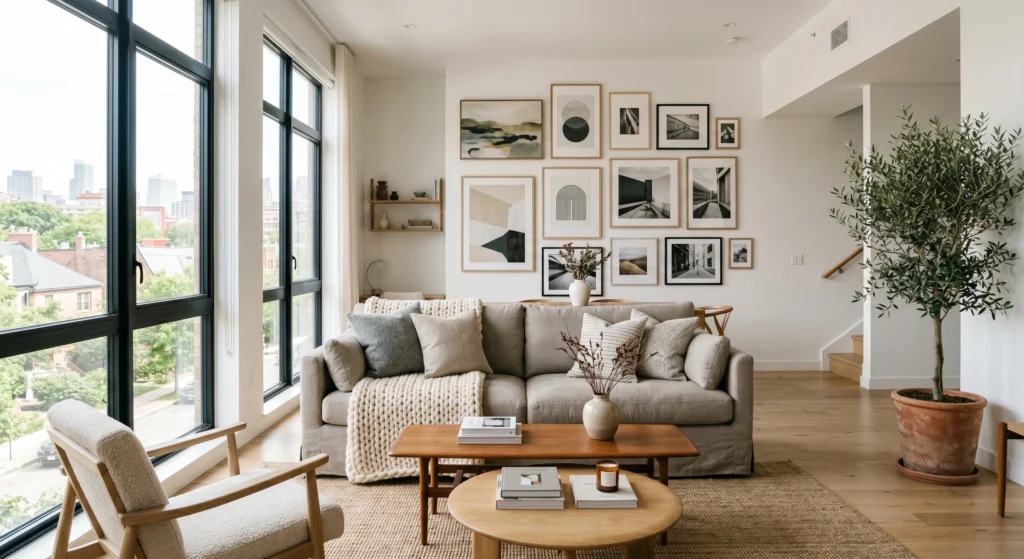 Luxury Nordic living room with a grey linen sofa layered with chunky wool throws, linen cushions, soft sheepskin accent, oversized wall art, oak furniture, cream rug, and warm sunlight.