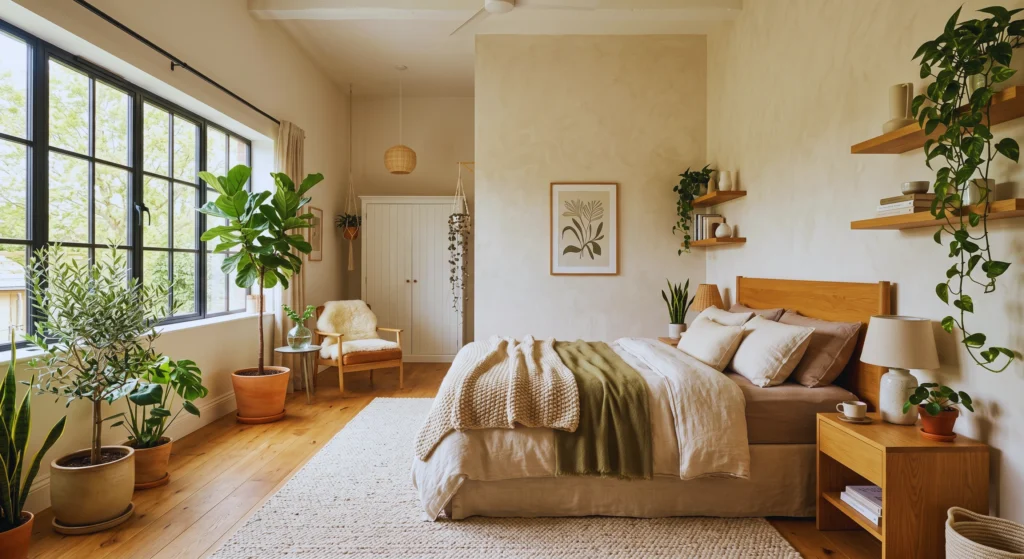 Bring nature indoors with olive trees, fiddle leaf figs, snake plants, and simple ceramic planters. Greenery adds life, warmth, and a luxurious organic feel to Scandinavian bedroom design while keeping the space fresh and calming.