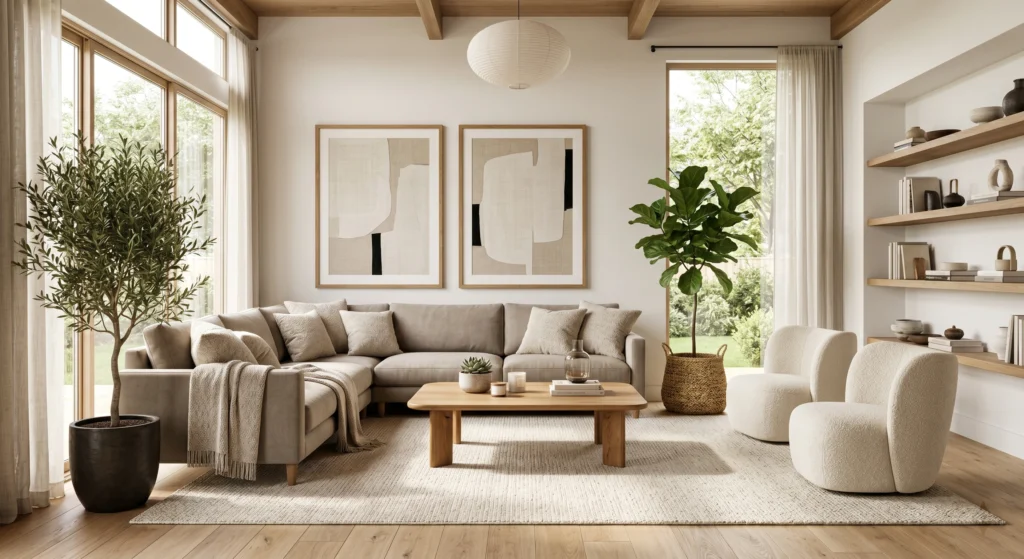 Elegant Scandinavian living room featuring a warm grey sofa, large olive tree in a terracotta planter, oversized wall art, oak furniture, cream rug, and abundant natural sunlight.