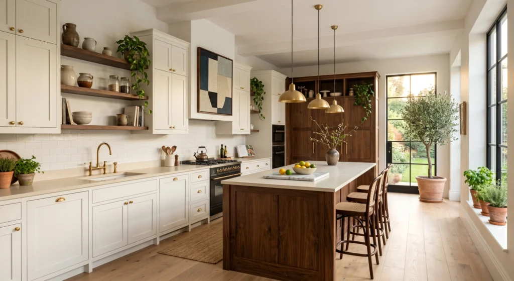 Luxury white Scandinavian kitchen featuring an olive tree, fresh herbs, pothos plants on floating shelves, oversized wall art, natural oak island, warm white cabinets, abundant natural light, cozy Nordic interior design, full room view.