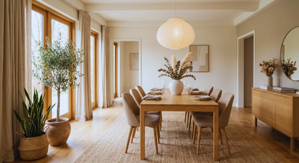 Bring life and texture into your dining room with olive trees, eucalyptus branches, dried lavender, or simple greenery. Natural elements are essential in warm neutral dining room styling inspired by Scandinavian design and help create a calm, welcoming atmosphere.