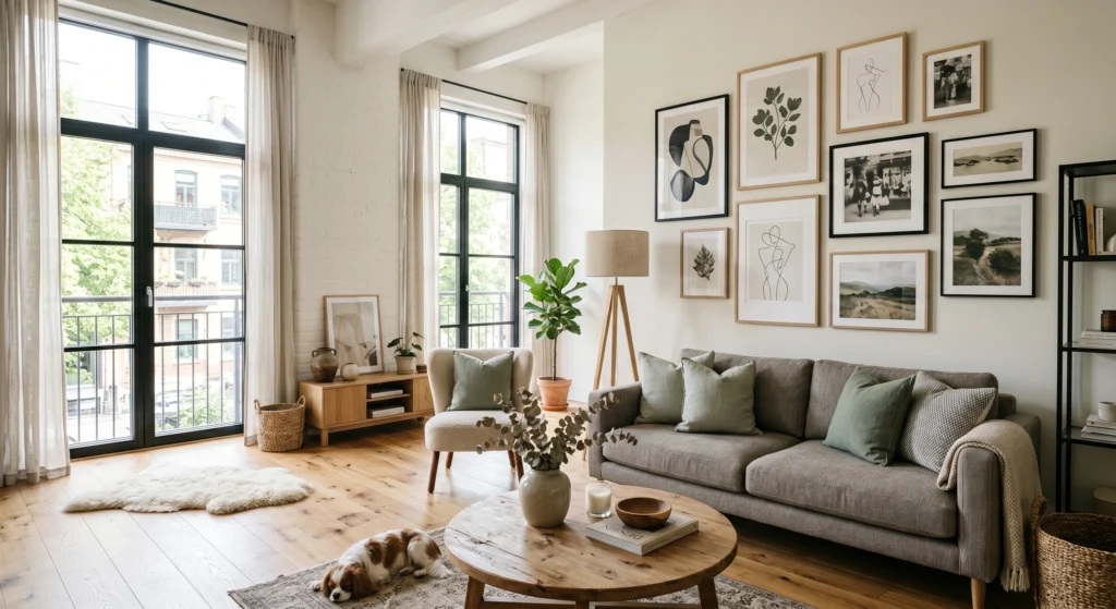 Luxury Scandinavian living room with a warm grey sofa, one mustard yellow cushion, oversized abstract wall art, oak coffee table, cream rug, and bright natural sunlight.