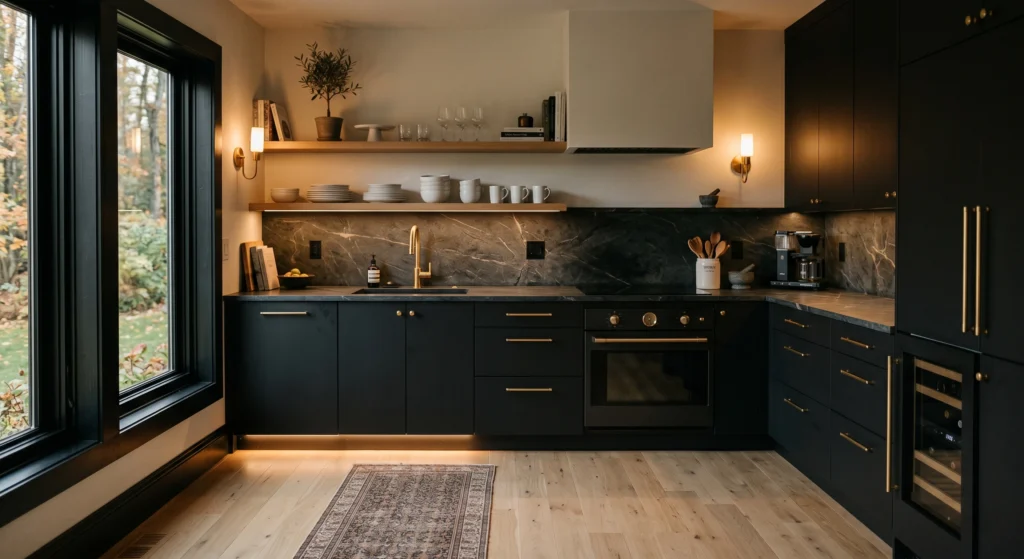 Brass, copper, and oil-rubbed bronze accents bring warmth and elegance to a dark Scandinavian kitchen. From cabinet hardware to pendant lights and decorative accessories, these metallic details reflect light beautifully and add a refined touch to moody Nordic interiors.