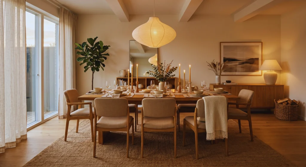 Nothing creates hygge quite like candlelight. Layer taper candles and warm ambient lighting throughout your dining room to create a cozy Scandinavian atmosphere that feels inviting, elegant, and perfect for gathering with family and friends.