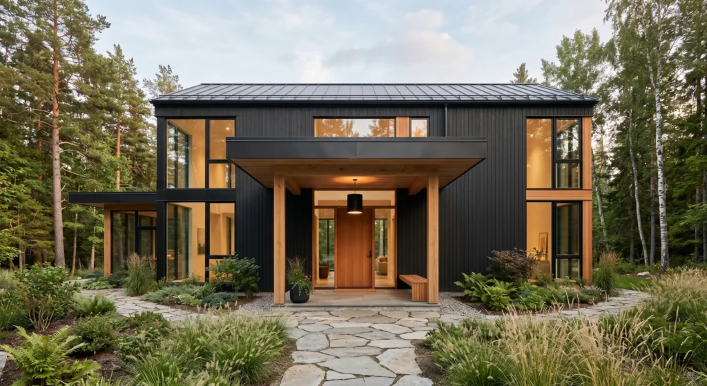 A covered entryway adds both beauty and function to a Scandinavian home exterior. Natural wood details, minimalist architecture, and a welcoming front porch create a warm first impression while enhancing modern Nordic curb appeal.