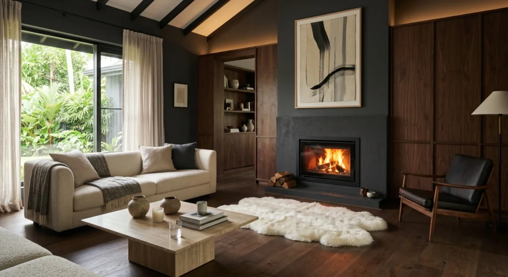 A cozy Nordic fireplace corner featuring a soft white sheepskin rug placed directly in front of a modern fireplace. Warm wood details, oversized artwork, and cream furnishings create an inviting Scandinavian retreat.
