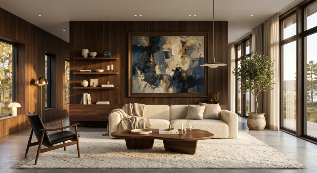 Luxury Scandinavian living room with oversized museum-quality abstract painting, oak frame, warm neutral palette, cream bouclé sofa, sculptural furniture, minimalist decor, modern Nordic elegance, full room view.