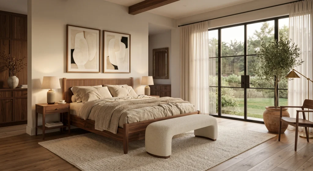 A luxury Nordic bedroom showcasing a large cream wool rug extending beyond both sides of the oak platform bed, layered linen bedding, oversized contemporary wall art in wood frames, cream boucle bench, handcrafted ceramics, and abundant natural light for a warm, inviting atmosphere.