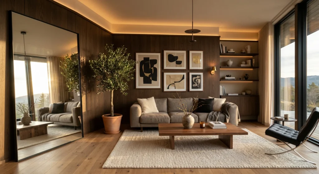 Scandinavian living room featuring oversized oak-framed mirror reflecting natural sunlight, cream sofa, oversized wall art, oak coffee table, bright airy interior, luxury Nordic styling, spacious full room view.