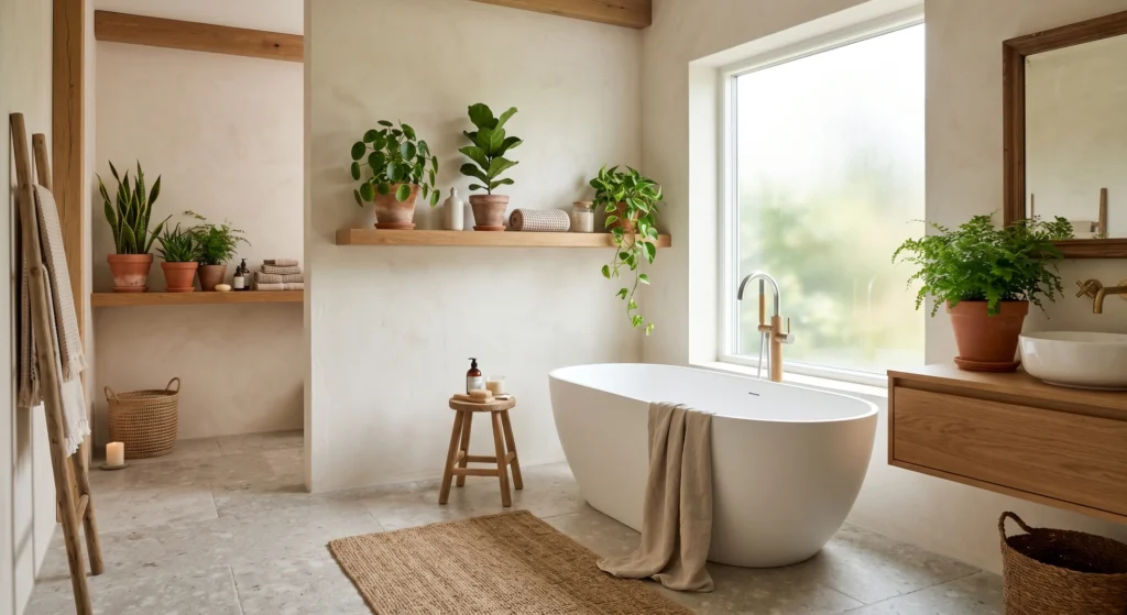A beautiful Scandinavian spa bathroom isn't complete without greenery. Fresh eucalyptus hanging in the shower, potted snake plants, or trailing pothos add life, texture, and freshness. Natural elements soften the space and reinforce the connection between Nordic design and nature.