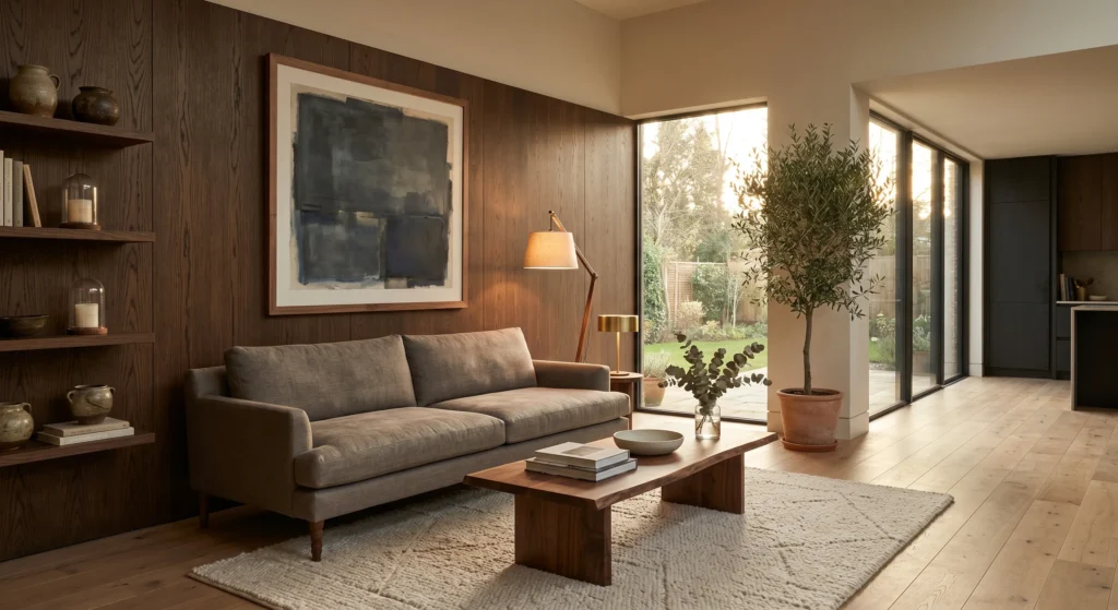 Luxury Nordic living room, low-profile oatmeal linen sofa with exposed oak legs, oversized abstract artwork, oak coffee table, cream rug, floor-to-ceiling windows, minimalist Scandinavian styling, spacious interior, full room view.