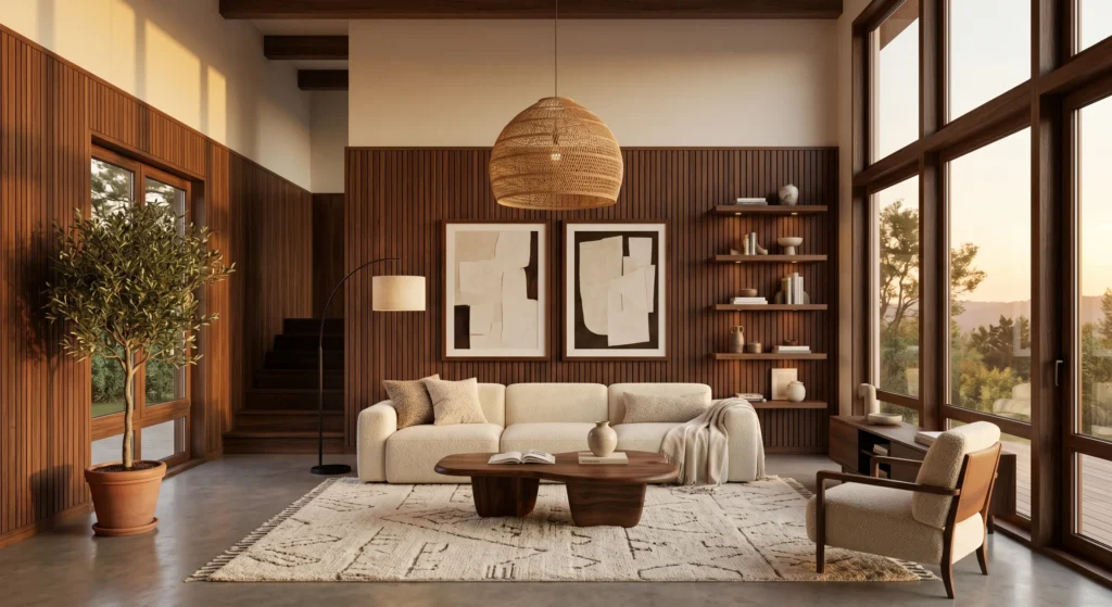 Luxury Scandinavian living room with woven rattan pendant light, oversized abstract artwork, oak furniture, warm neutral palette, cream bouclé sofa, designer lighting, cozy contemporary Nordic atmosphere, full room view.