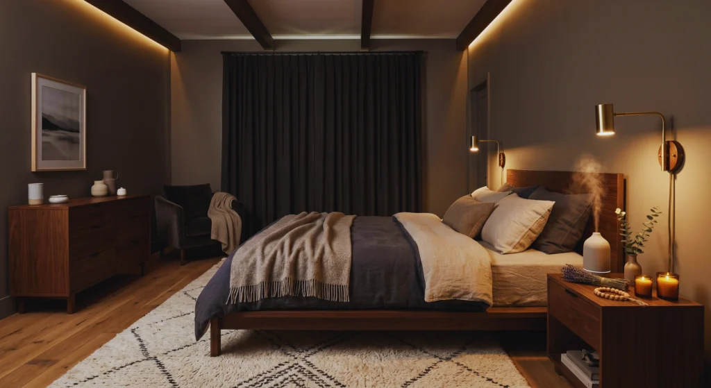 Lavender, eucalyptus, candles, and essential oils help create a relaxing bedtime ritual. This Scandinavian bedroom blends wellness and Nordic design to create the ultimate sleep sanctuary.