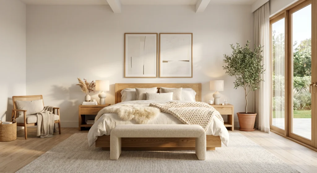 A luxury Nordic bedroom with a plush faux sheepskin and oversized chunky knit throw draped across the foot of a solid oak bed, layered linen bedding, cream boucle bench, oversized minimalist wall art, handcrafted ceramics, and warm hygge styling filled with soft morning light.