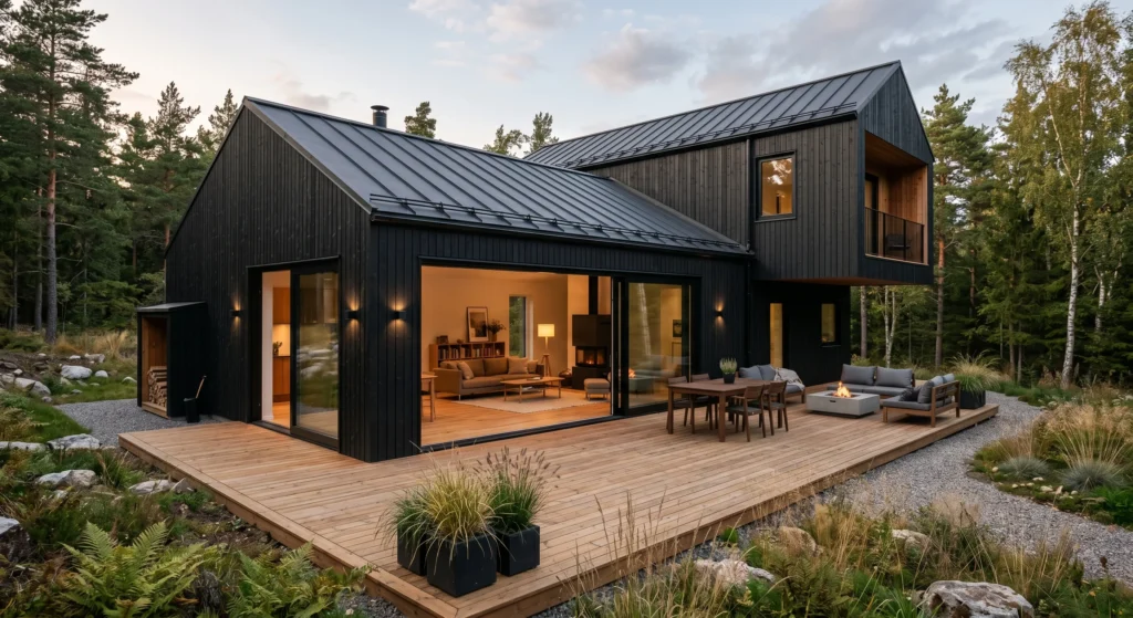 Extend your living space outdoors with a beautiful cedar wood deck. A seamless terrace design creates the perfect transition between home and garden while enhancing the warmth and functionality of a Modern Nordic House Exterior.
