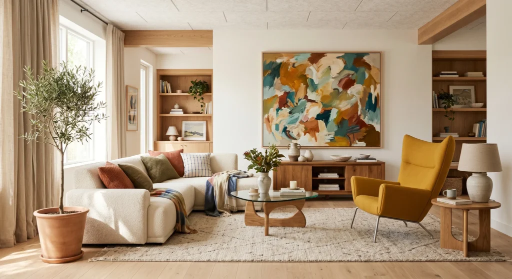 A sophisticated Scandinavian living room featuring a mustard yellow lounge chair as the focal point, cream sofa, oak flooring, oversized colorful wall art, natural wood furniture, and layered textures.