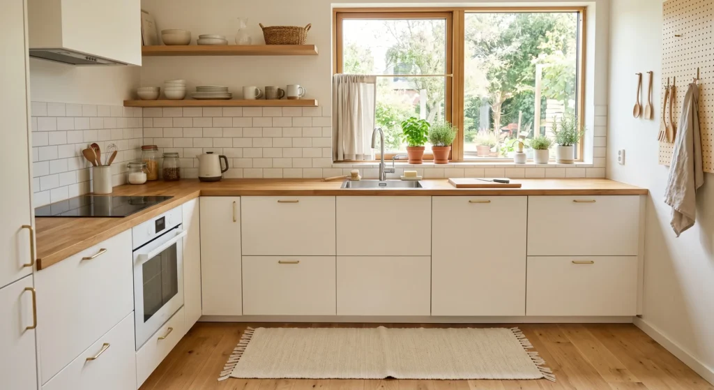 A simple cream runner rug can completely transform a tiny kitchen. Scandinavian kitchen design embraces soft textures to balance hard surfaces, adding warmth, comfort, and visual interest. Choose washable cotton rugs in light neutral tones for the perfect Nordic touch.