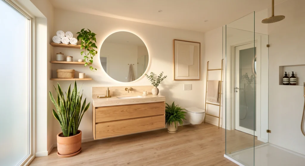 A cozy Scandinavian bathroom styled with a snake plant in a terracotta planter, trailing pothos on floating oak shelves, and eucalyptus in a handcrafted ceramic vase. Warm oak furniture, oversized wall art, brushed brass fixtures, soft linen towels, and natural sunlight bring fresh Nordic elegance to the small space.