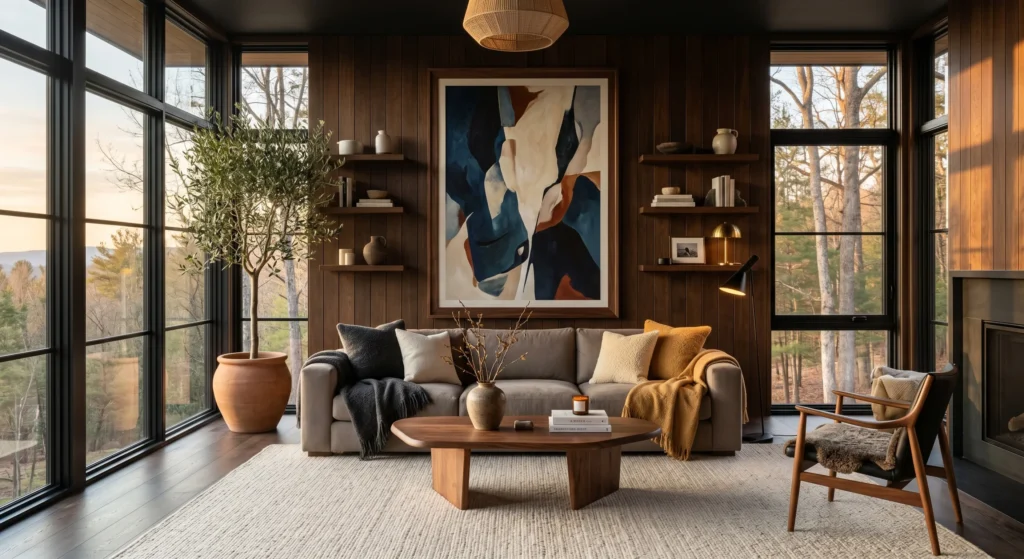 Scandinavian living room with one oversized abstract painting in oak frame, warm greige sofa, handcrafted oak furniture, cream rug, luxury Nordic decor, gallery-style focal wall, full room view.
